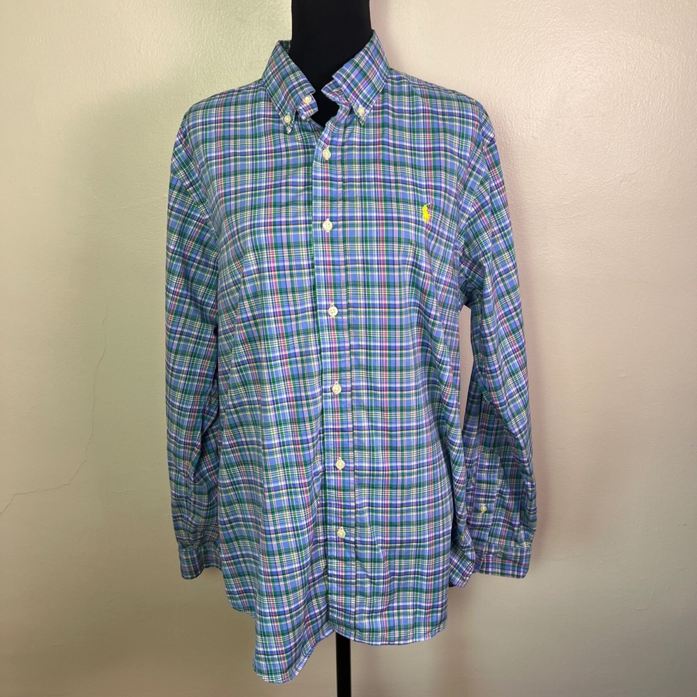 Ralph Lauren Button Down Shirt Large Blue Plaid Classic Fit Cotton Stretch Pony